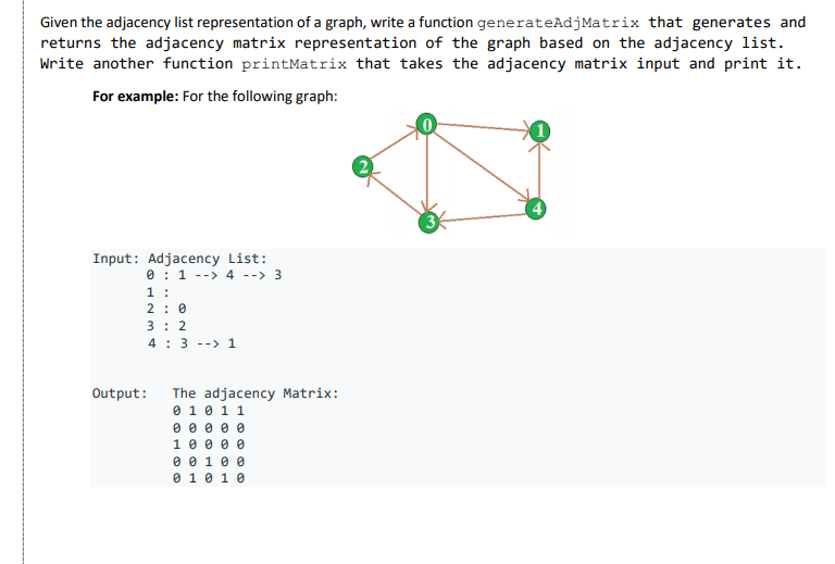 Given the adjacency list representation of a graph, write a function generateAdjMatrix that generates and returns the adjacen