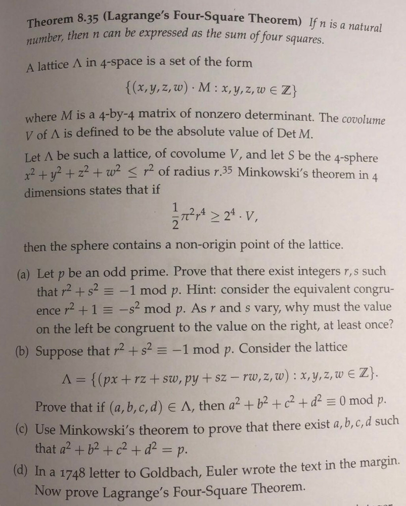 m 8.35 (Lagrange's Four-Square Theorem) If n is a