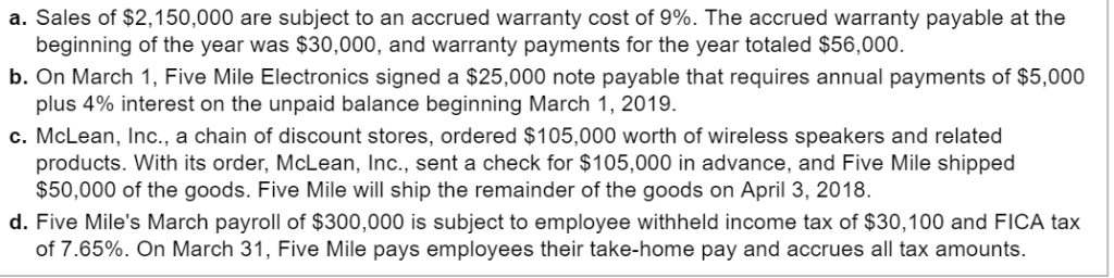 a. sales of $2,150,000 are subject to an accrued warranty cost of 9%. the accrued warranty payable at the b. on march 1, five