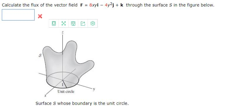 Calculate the flux of the vector field F = 8xyì-4y4 + k through the surface s in the figure below. Unit circle Surface S whose boundary is the unit circle