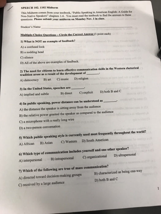 Solved SPEECH 102. 1102 Midterm This Midterm Comes From Y...