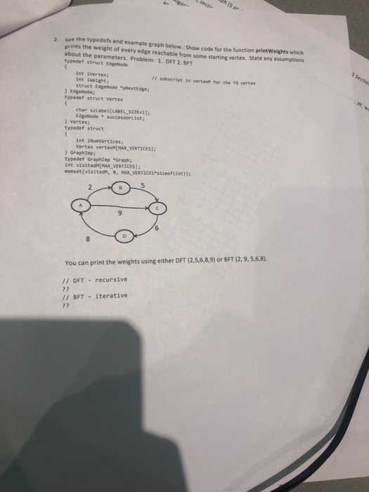 the typedets and example graph below. Show code for the function printWeights which prints the weight of every edge reachable