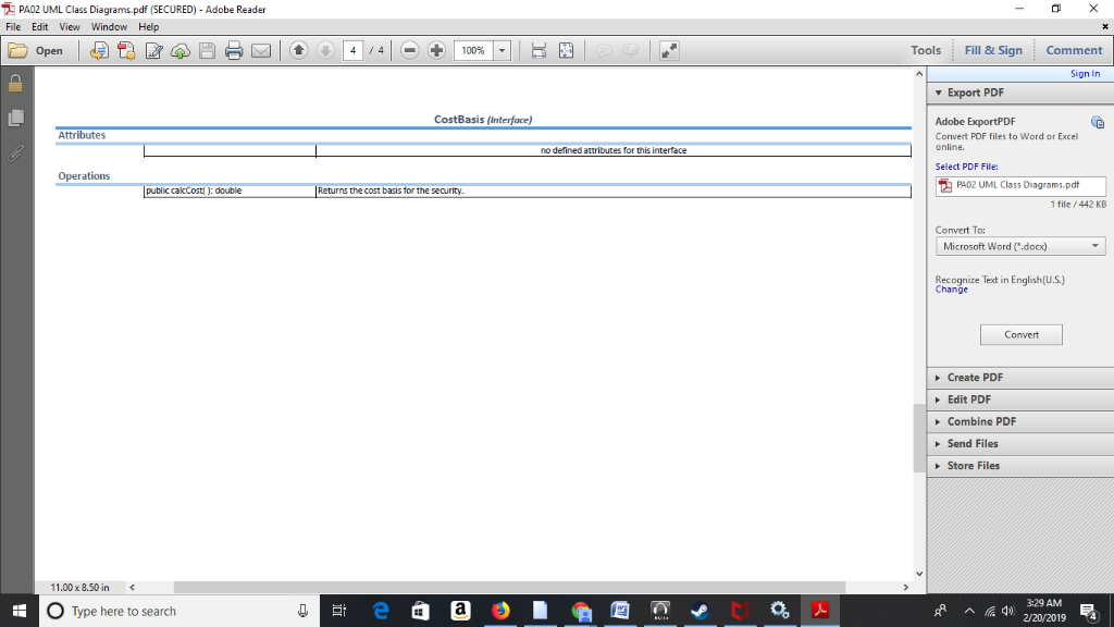 PA02 UML Class Diagrams.pdf (SECURED) - Adobe Reader File Edit View Window Help Tools Fill 8 Sign Comment Sign In Export PDF