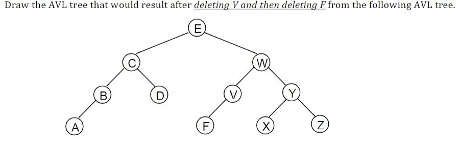 Draw the AVL tree that would result after deleting Vand then deleting F from the following AVL tree B) D) (F