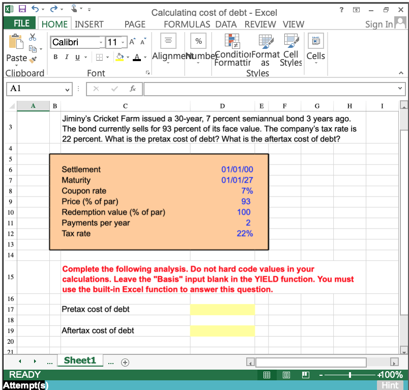 Solved Calculating Cost Of Debt Excel File Home Insert Pa Chegg Com