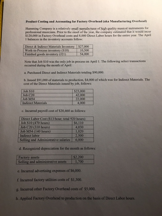 Product Costing and Accounting for Factory Overhead (aka Manufacturing Overhead) Humming Company is a relatively small manufacturer of high quality musical instruments for professional musicians. Prior to the onset of the year, the company estimated that it would incur $120,000 in Factory Overhead costs and 8,000 Direct Labor hours for the entire year. The April l balances in the inventory accounts follow: Direct& Indirect Materials Inventory $27.000 Work-in-Process inventory (S10) Finished goods inventory (J21) 54,000 Note that Job S10 was the only job in process on April 1. The following select transactions occurred during the month of April: a. Purchased Direct and Indirect Materials totaling $90,000. b. Issued $91,000 of materials to production, $4,000 of which was for Indirect Materials. The cost of the Direct Materials issued by job, follows Job S10 $23.000 Job C20 Job M54 Indirect Materials 42,000 22,000 4,000 c. Incurred payroll cost of $20,460 as follows: S6,110 4,030 1,820 2.500 Selling and Administrative salaries 6.000 Direct Labor Cost (513/hour: total 920 hours) Job S10 (470 hours) Job C20 (310 hours Job M54 (140 hours) Indirect labor d. Recognized depreciation for the month as follows: Factory assets Selling and administrative assets e. Incurred advertising expenses of $6,000. $2,200 1.700 f Incurred factory utilities costs of $1,300. g. Incurred other Factory Overhead costs of $5,000. h. Applied Factory Overhead to production on the basis of Direct Labor hours.