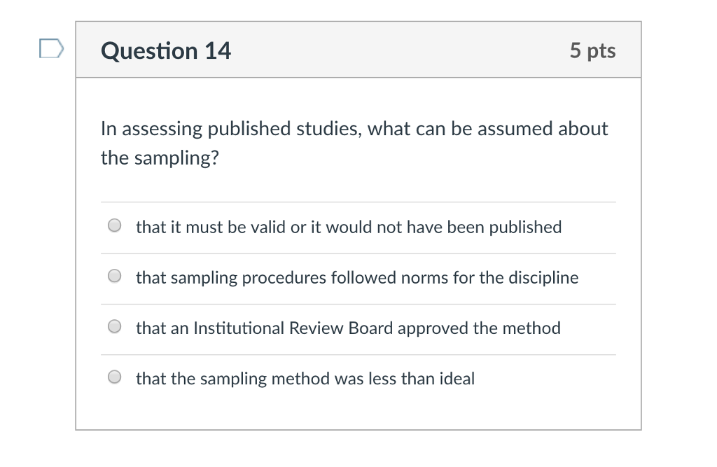 Question 14 5 pts In assessing published studies, what can be assumed about the sampling? O that it must be valid or it would not have been published O that sampling procedures followed norms for the discipline O that an Institutional Review Board approved the method O that the sampling method was less than ideal