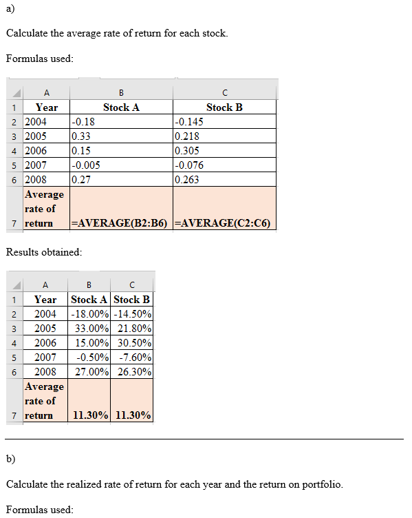 Calculate the average rate of return for each stock Formulas used A Year Stock A Stock B 1 2 2004 3 2005 -0.145 -0.18 0.33 0.