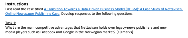 Instructions first read the case titled a transition towards a data-driven business model i?ddbm): a case study of nettavisen