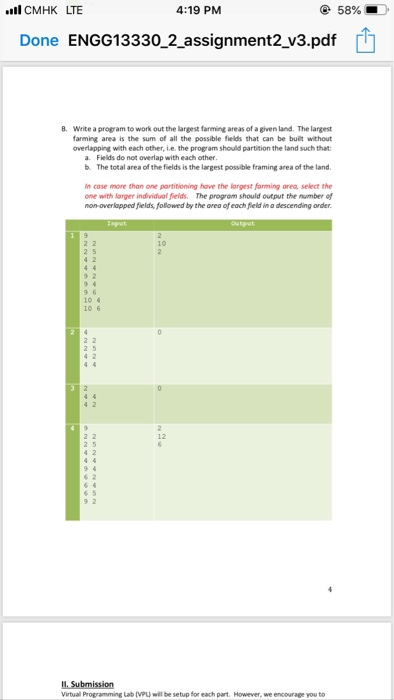 l CMHK LTE 4:19 PM 58% Done ENGG13330 2 assignment2 v3.pdf B. Write a program to work out the largest farming areas of a give