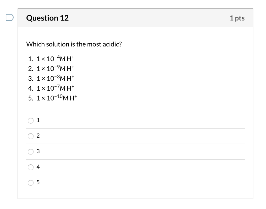 Solved Question 12 1 Pts Which Solution Is The Most Acidic? | Chegg.com Solved Question 12 1 Pts Which Solution Is The Most Acidic? | Chegg.com