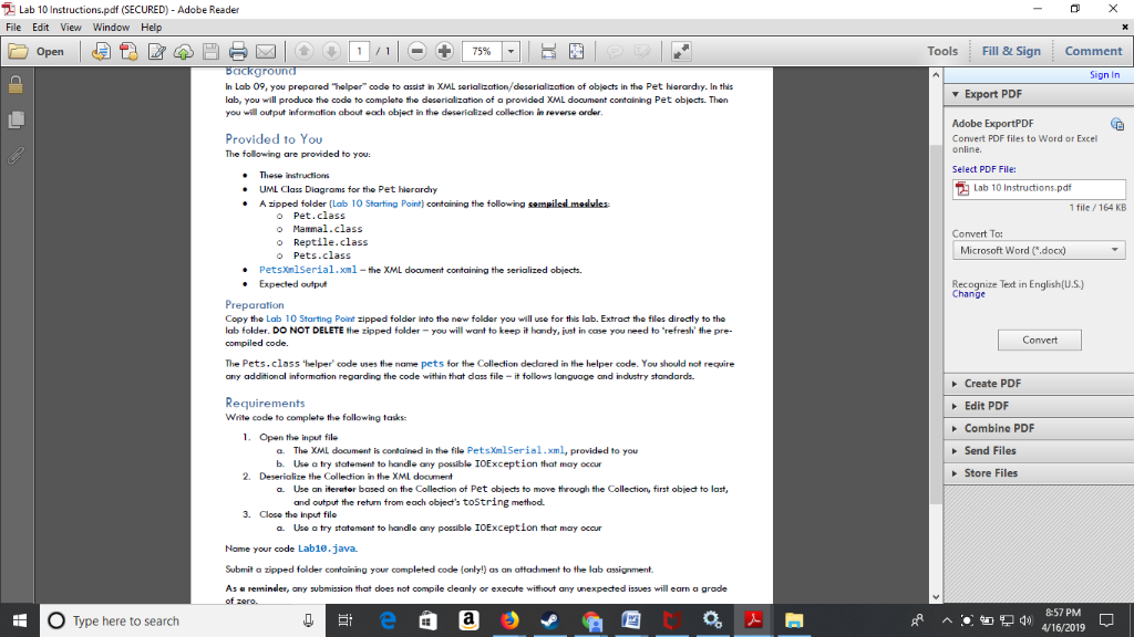 Lab 10 Instructions.pdf (SECURED)-Adobe Reader File Edit View Window Help Tools Fill 8 Sign Comment 75% Sign In In Lab 09, yo