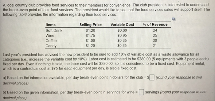 A local country club provides food services to their members for convenience. The club president is interested to understand the break-even point of their food services. The president would like to see that the food services sales will support itself. The following table provides the information regarding their food services Items Soft Drink Wine Coffee Candy Selling Price $1.20 $1.75 $1.00 $1.20 Variable Cost S0.60 $0.95 $0.35 $0.35 % of Revenue 24 25 30 21 Last years president has advised the new president to be sure to add 10% of variable cost as a waste allowance for all 

<div class=
