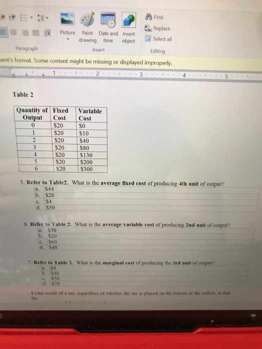 Solved Average fixed cost (AFC) A. is $0 when no output is