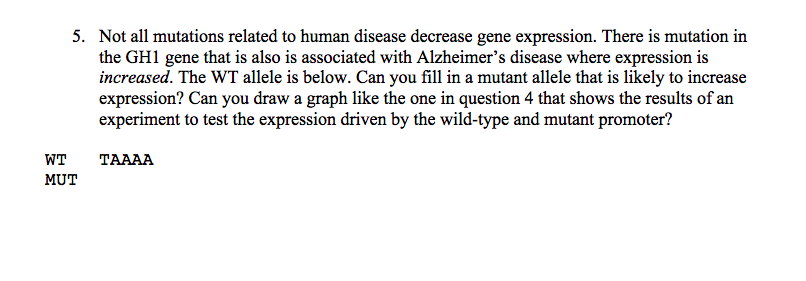 5. Not all mutations related to human disease decrease gene expression. There is mutation in the GH1 gene that is also is associated with Alzheimers disease where expression is increased. The WT allele is below. Can you fill in a mutant allele that is likely to increase expression? Can you draw a graph like the one in question 4 that shows the results of arn experiment to test the expression driven by the wild-type and mutant promoter? WT TAAAA MUT