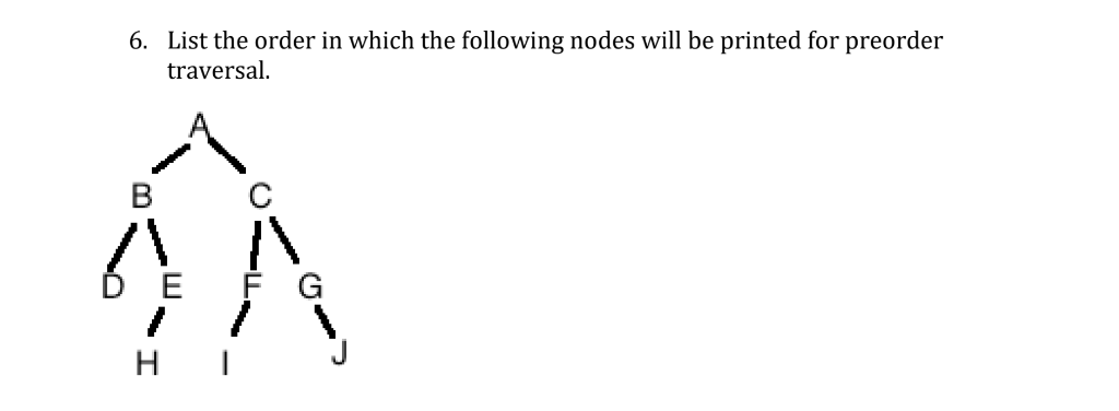 List the order in which the following nodes will be printed for preorder traversal 6. B C D E F G H I