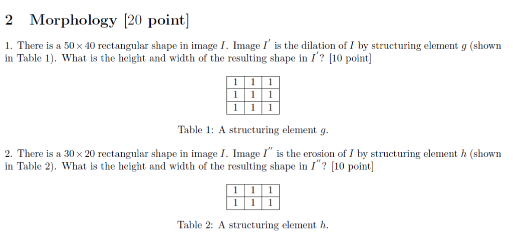 2 Morphology [20 point] , 1. There is a 50 × 40 rectangular shape in image 1, Image 1is the dilation of 1 by structuring elem