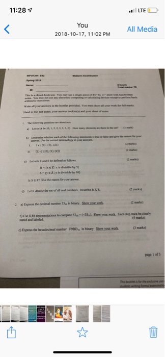 11:28 LTE You 2018-10-17, 11:02 PM All Media s-lyezy is divisible by 10 b) Use & -hit repeesentations to compute stanod and labeled 3 maks) c) Express the hesadecimal number 9BD in binary. Shewars bookiet ia for the 凹