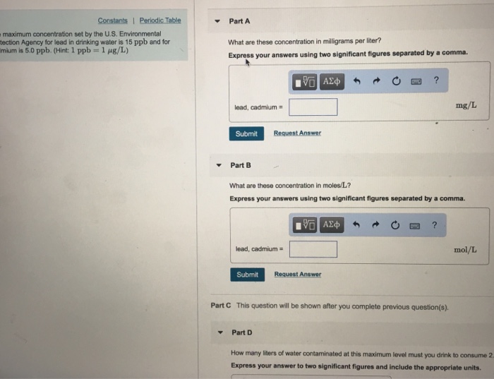 Solved Part A Maximum Concentration Set By The U S Envir Chegg Com