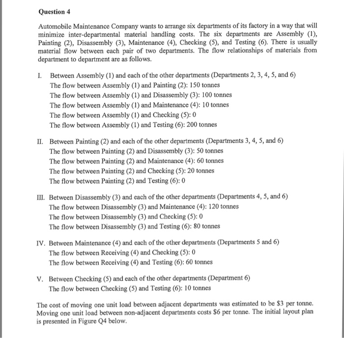 Question 4 Automobile Maintenance Company wants to arrange six departments of its factory in a way that will minimize inter-departmental material handling costs. The six departments are Assembly (1), Painting (2), Disassembly (3), Maintenance (4), Checking (5), and Testing (6). There is usually material flow between each pair of two departments. The flow relationships of materials from department to department are as follows. I. Between Assembly (1) and each of the other departments (Departments 2, 3,4, 5, and 6) The flow between Assembly (1) and Painting (2): 150 tonnes The flow between Assembly (1) and Disassembly (3): 100 

<div class=