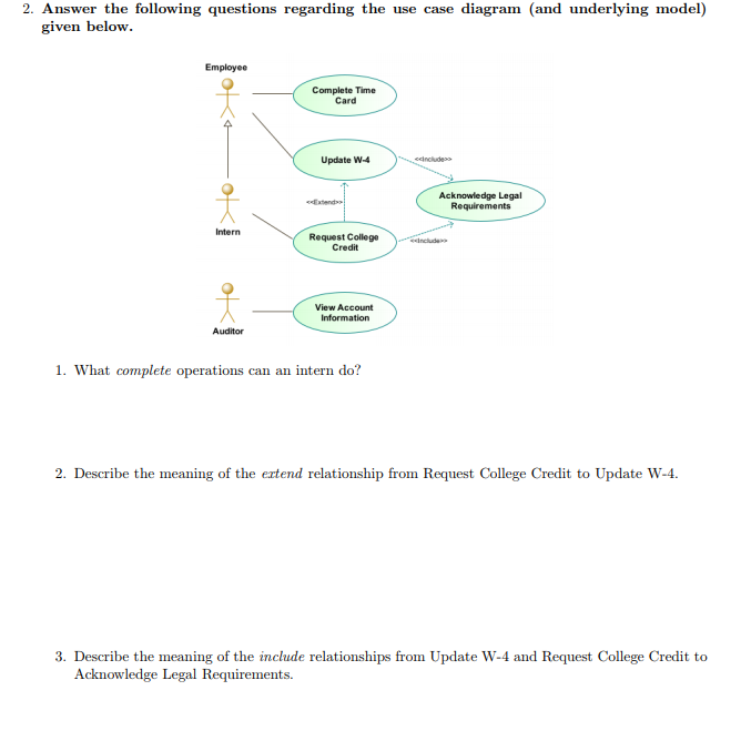 2. Answer the following questions regarding the use case diagram (and underlying model) given below. Employe Complete Time Ca