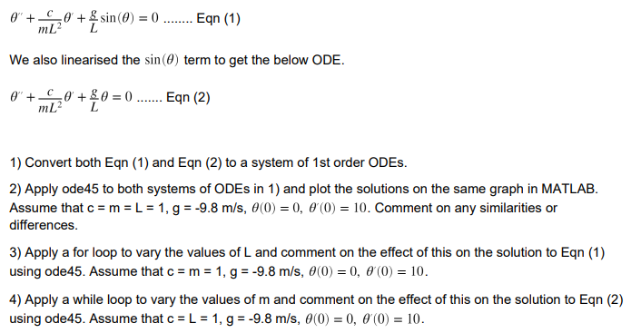 Solved 8 O E Sin 8 0 Egn 1 We Also Linearised The Chegg Com