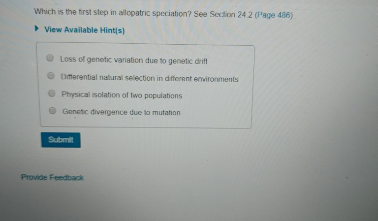 Which Is The First Step In Allopatric Speciation See Chegg 