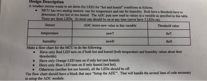 Design Description A weather station wants to set alerts (by LED) for hot and humid conditions as follows. MCU has two analog sensors: one for temperature and one for humidity. determine if too hot or too humid. The ADC puts new read-in values in a variable as specified in this table. There are three LEDs. At most one should be on at any time (never have 2 LEDs on) . Both have a threshold have to Sensor ADC stores new value in this variable newT newH Threshold 

<div class=