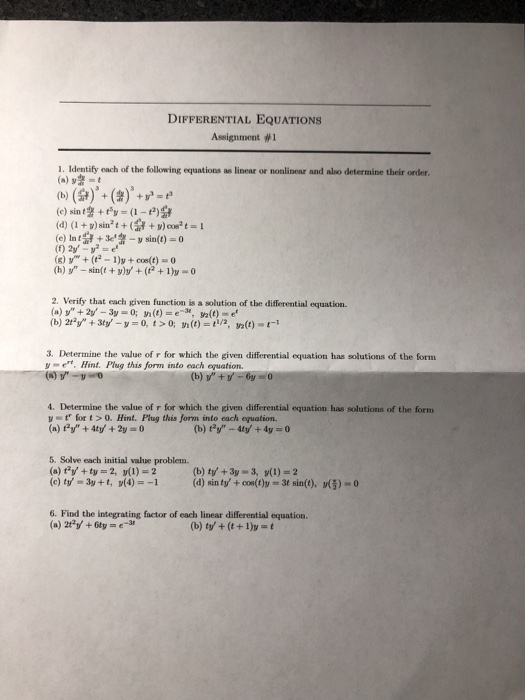 Solved Differential Equations Assignment 1 1 Identify Each Chegg Com