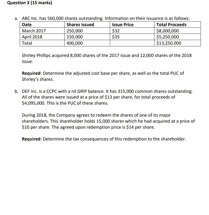 Solved Question 3 15 Marks Abc Inc Has 560 000 Shares Chegg Com