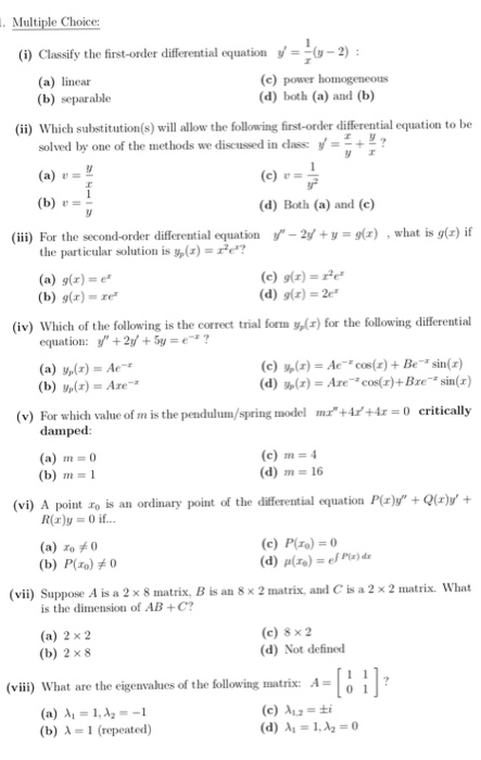 Solved Multiple Choice G Classify The First Order Dif Chegg Com