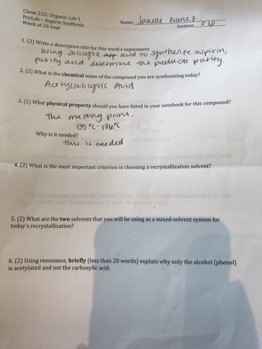 Chem 232 Anic Lab 1 Prelab Aspirin Synthesis Week Chegg 