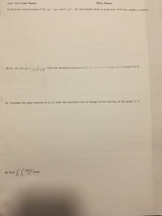 Solved Mac 2313 Last Name First Name 1 Find The Critical Chegg Com