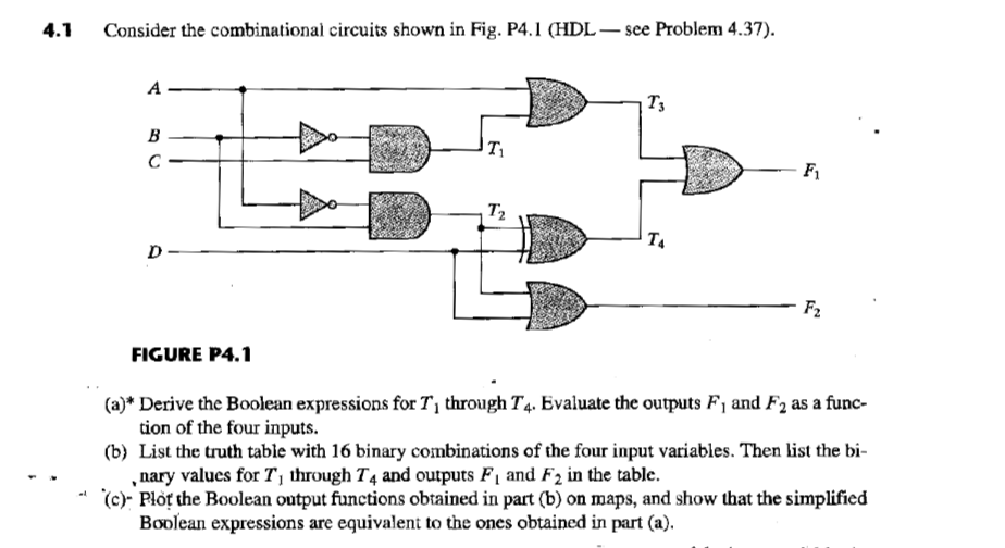 4.1 Consider the combinational circuits shown in Fig. P4.1 (HDLsee Problem 4.37). T1 F1 72 F2 FIGURE P4.1 (a)* Derive the Boolean expressions for T1 through T4 Evaluate the outputs F1 and F2 as a func- (b) List the truth table with 16 binary combinations of the four input variables. Then list the bi- (c)- Plot the Boolean output functions obtained in part (b) on maps, and show that the simplified tion of the four inputs. ,nary values for T, hrough T4 and outputs F1 and F2 in the table. Boolean expressions are equivalent to the ones obtained in part (a).