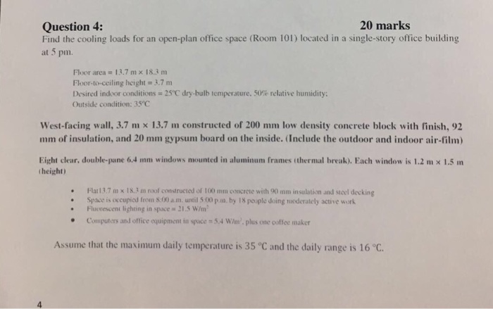 Solved 20 Marks Question 4 Find The Cooling Loads For An