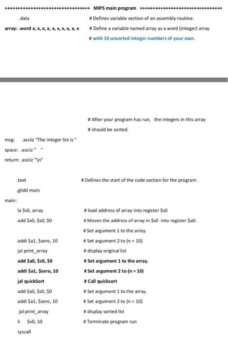 MIPS main progranm # Defines variable section of an assembly routine. # Define a variable named array as a word (integer) arr