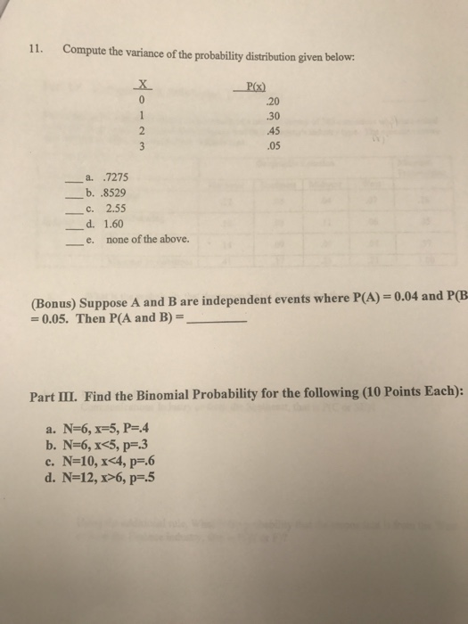 Solved 11 Compute The Variance Of The Probability Distri Chegg Com