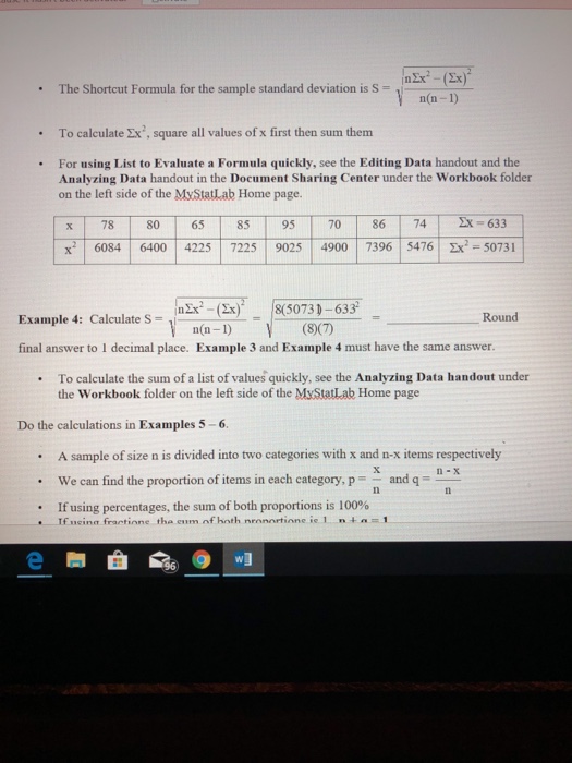 Solved The Shortcut Formula For The Sample Standard Chegg Com