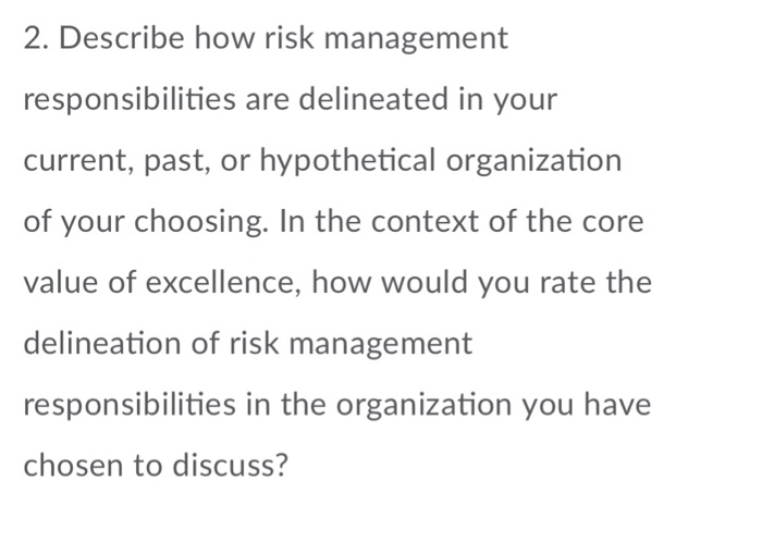 2. Describe how risk management responsibilities are delineated in your current, past, or hypothetical organization of your choosing. In the context of the core value of excellence, how would you rate the delineation of risk management responsibilities in the organization you have chosen to discuss?