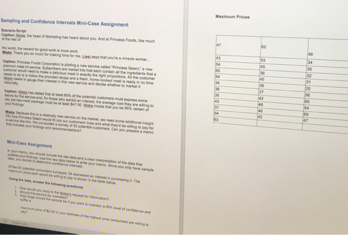 Maximum Prices Sampling And Confidence Intervals Chegg Com