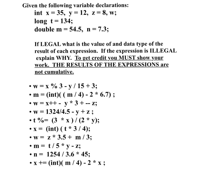 Solved Given The Following Variable Declarations Int X 35 Chegg Com