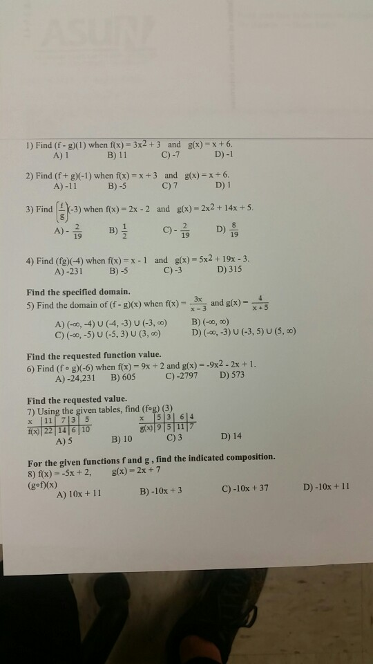 1 Find F G 1 When Fx 3x2 3 And G X 6 D 1 B 11 Chegg Com