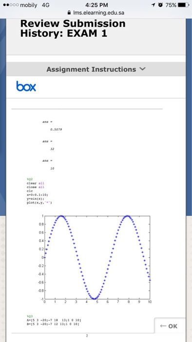 4:25 PM Ims.elearning.edu.sa mobily 4G Review Submission History: EXAM 1 Assignment Instructions box -5079 ans 32 102 elear a