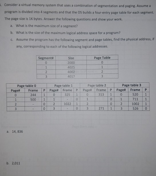 Consider a virtual memory system that uses a combination of segmentation and paging. Assume a program is divided into 4 segme