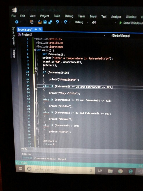 : File Edit View Project Buld Debug Team Tools Test Analze Window H Local Windos Source.cppx Project3 (Global Scope 2 3 4 ®#i