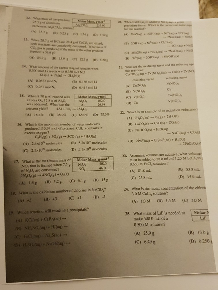 Solved 12 Wha Mass Of Oxygen Does Molar Massmol 25 5 G O Chegg Com