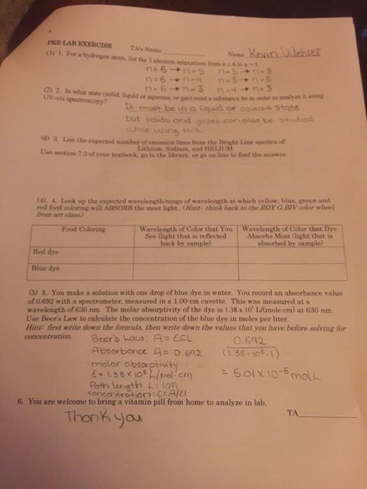 Solved Pre Lab Exerciseta Name 3 1 For A Hydrogen Ato