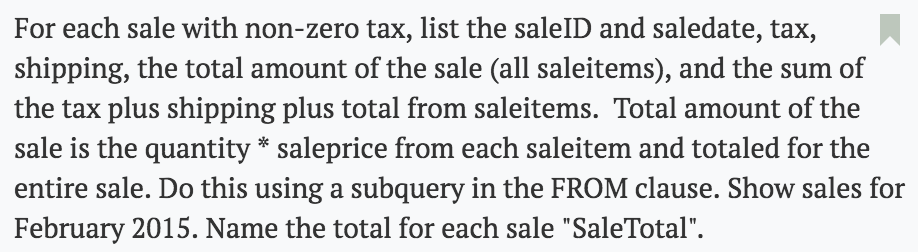 For each sale with non-zero tax, list the saleID and saledate, tax, shipping, the total amount of the sale (all saleitems), a