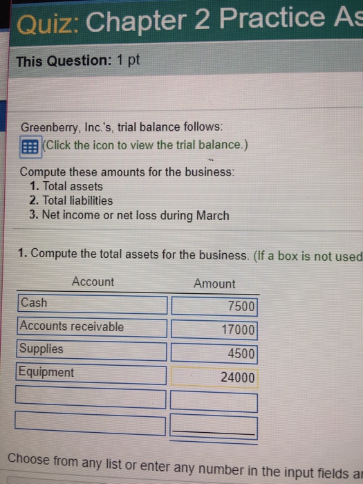 Quiz: Chapter 2 Practice As This Question: 1 pt Greenberry, Inc.s, trial balance follows: 圈 Compute these amounts for the business: (Click the icon to view the trial balance.) 1. Total assets 2. Total liabilities 3. Net income or net loss during March 1. Compute the total assets for the business. (If a box is not used Account Amount Cash Accounts receivable Supplies Equipment 7500 17000 4500 24000 Choose from any list or enter any number in the input fields ar