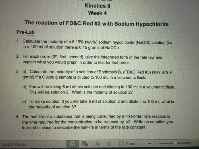 Solved Kinetics Ii Week 4 The Reaction Of Fd C Red 3 Wit Chegg Com